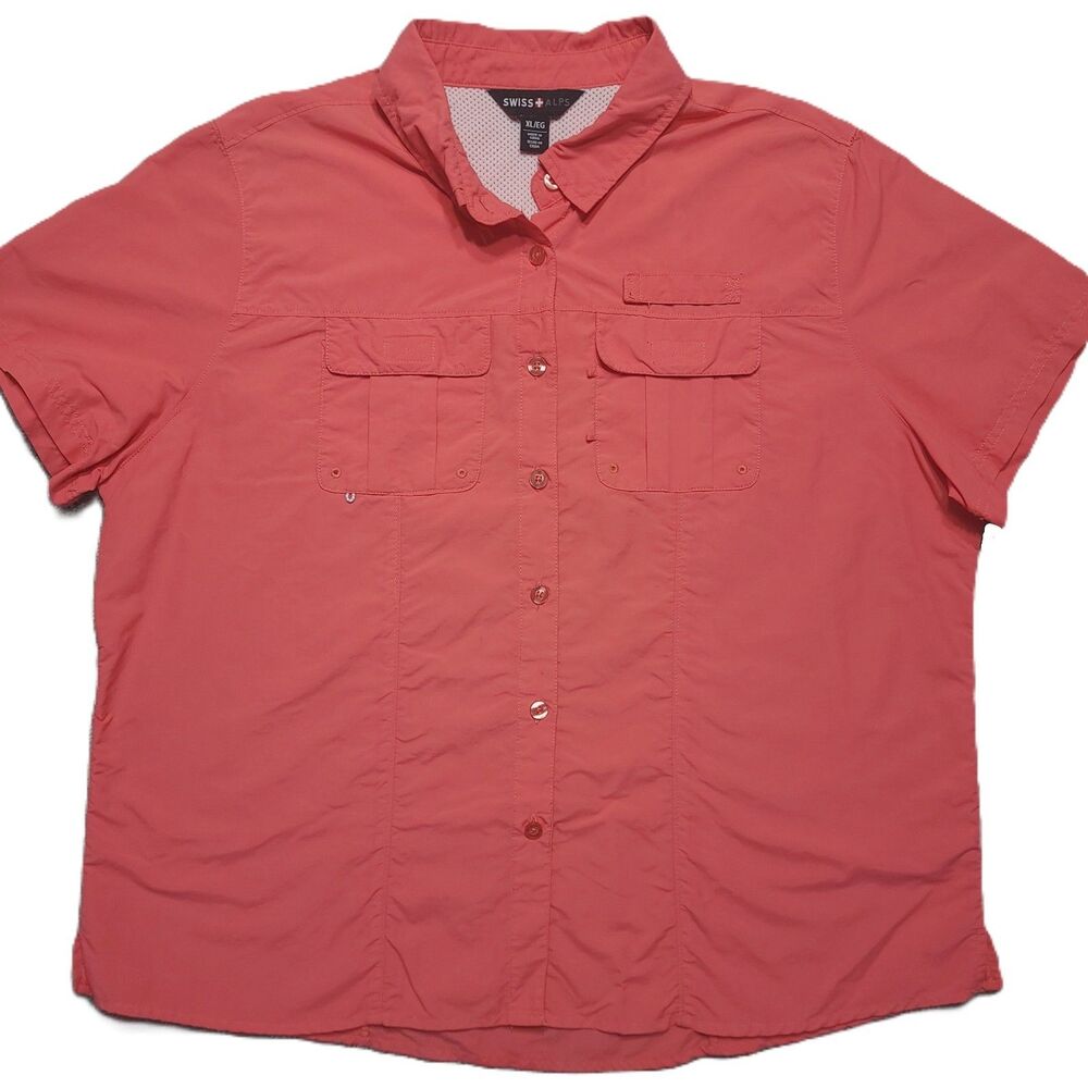 Swiss Alps Fishing Shirt Womens XL Salmon Pink Vented Short Sleeve Button Down
